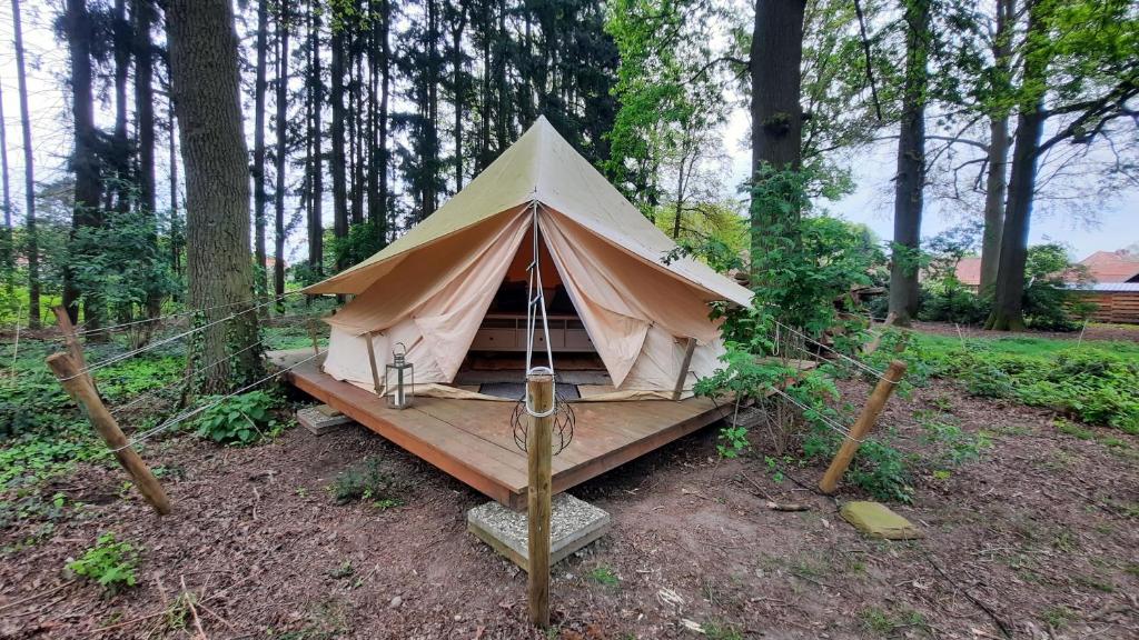 瓦尔斯罗德Glamping im 5 m Zelt auf dem Bauernhof的森林中间的帐篷