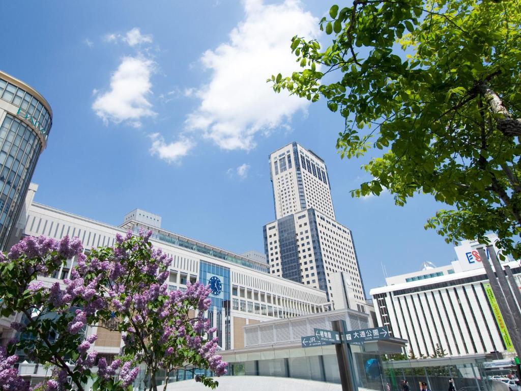 札幌JR札幌日航酒店的城市天际线,高楼,紫色花朵