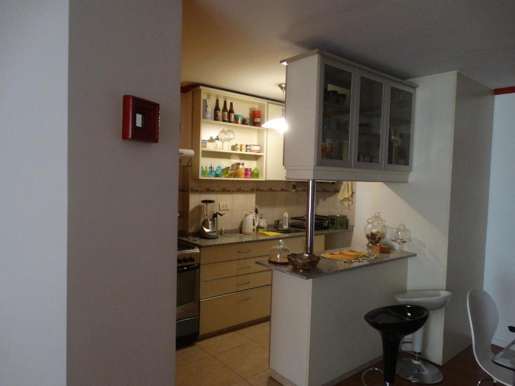 科尔多瓦贝库斯公寓的小厨房配有白色冰箱和橱柜