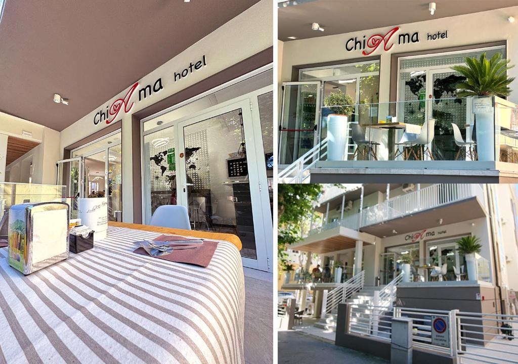 里米尼chiAma Hotel的商店的两张照片,前面有一张桌子