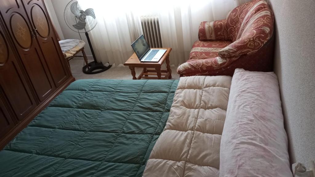 托莱多Habitacion Privada Matrimonio Toledo的一间卧室配有一张床和一张带笔记本电脑的书桌