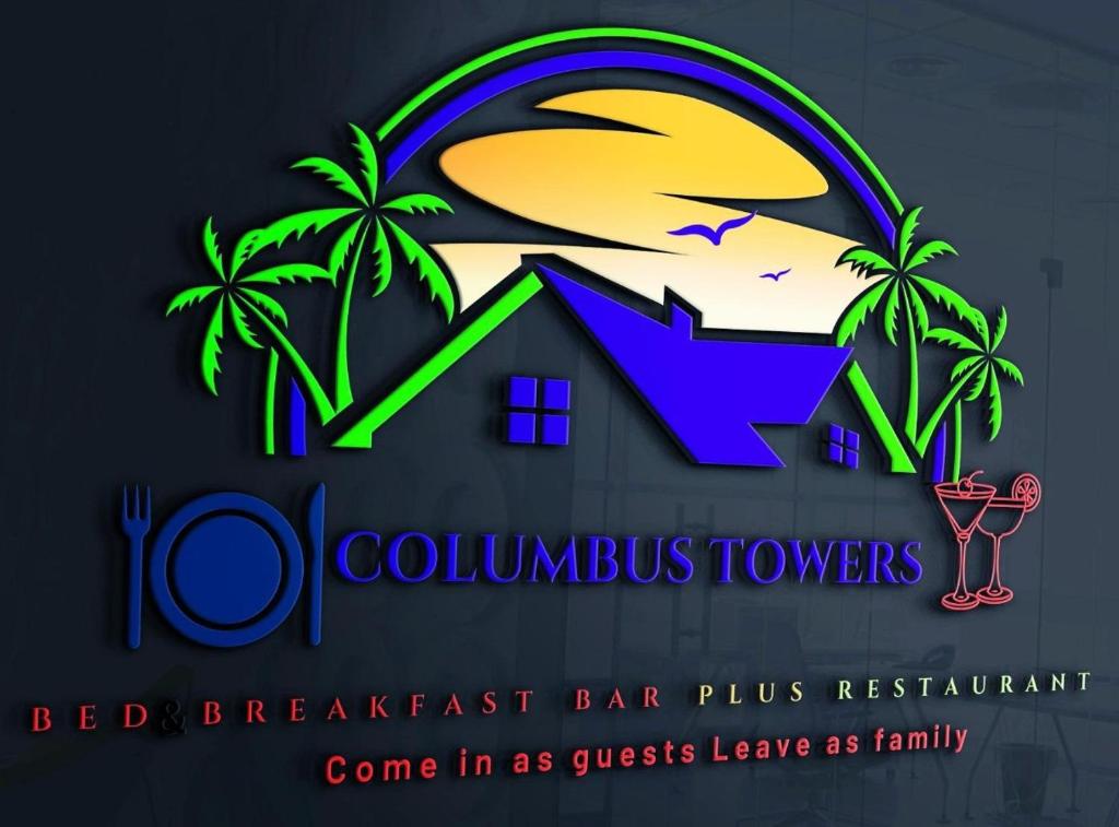 利文斯顿Columbus Towerz的棕榈树和房屋的哥伦布塔的标志
