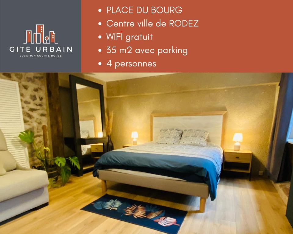 罗德兹Le Place Du Bourg Appartement T2 Centre Historique Rodez的一间卧室配有一张床和一张白色椅子