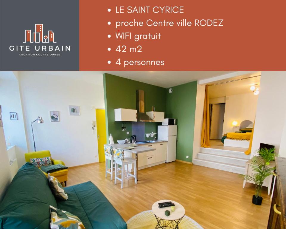 罗德兹LE SAINT CYRICE的一间带绿色沙发的客厅和一间厨房