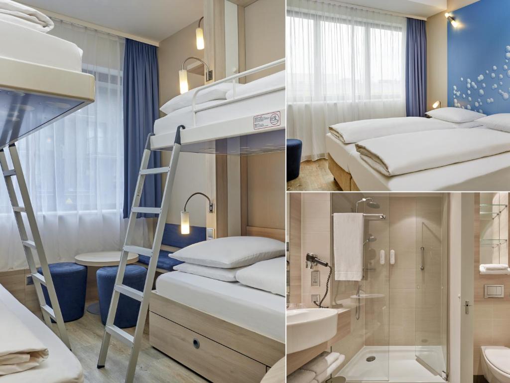 柏林柏林亚历山大广场H2酒店的两幅照片,房间配有双层床