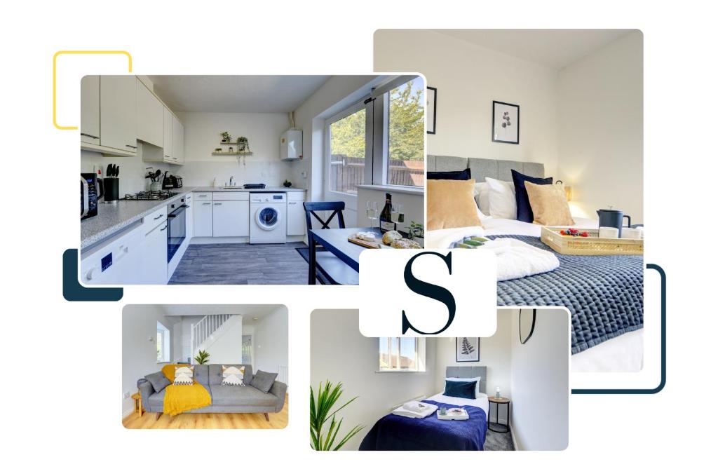 SimpsonLuxury 2 Bedroom Contractor House By Silva Short Lets & Serviced Accommodation 101 Studley Knapp Milton Keynes With Free WIFI的厨房和客厅的照片拼合在一起