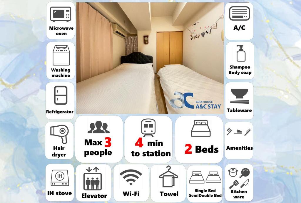 大阪A&C STAY Shinsaibashi的一张带两张床的房间的照片拼在一起