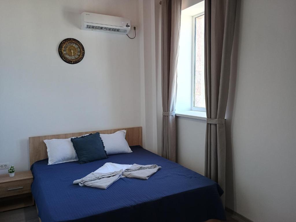 苏利纳Gradina de Vara Sulina的一间卧室配有一张带蓝色床单的床和一扇窗户。