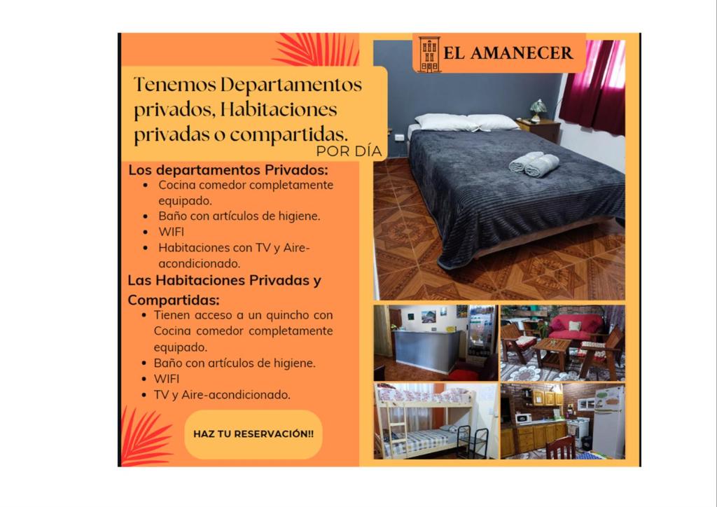 伊瓜苏港Hostel el Amanecer的一张传单,供卧室使用,卧室里配有一张床