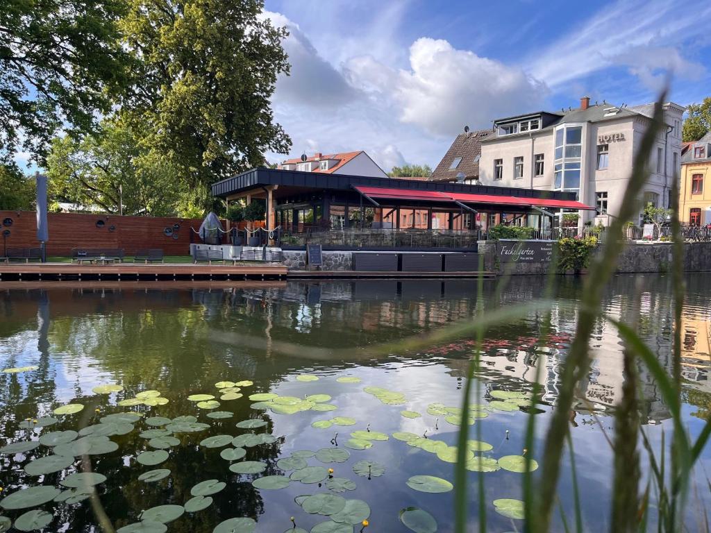 普劳西Hotel & Restaurant Fackelgarten Plau am See的一座楼前的池塘,上面有百合垫