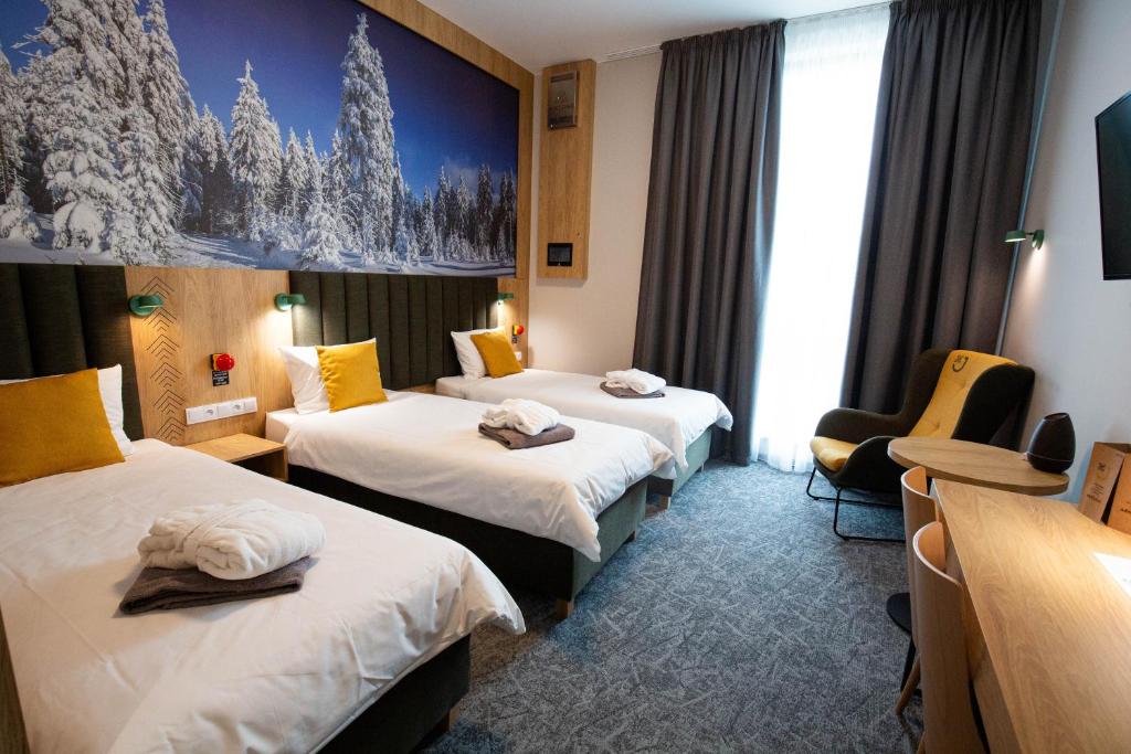 斯克拉斯卡波伦巴DCS Polana Jakuszycka的酒店客房,配有两张床和椅子