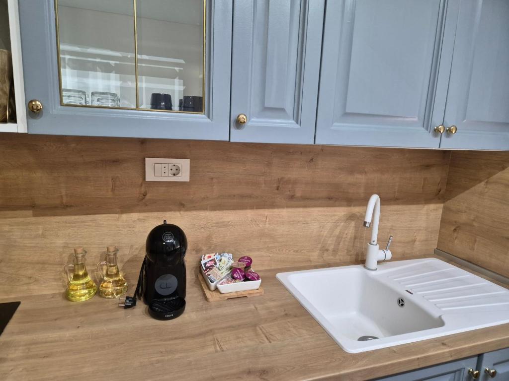 扎达尔Apartments MilaRoza的厨房柜台配有白色水槽和台面