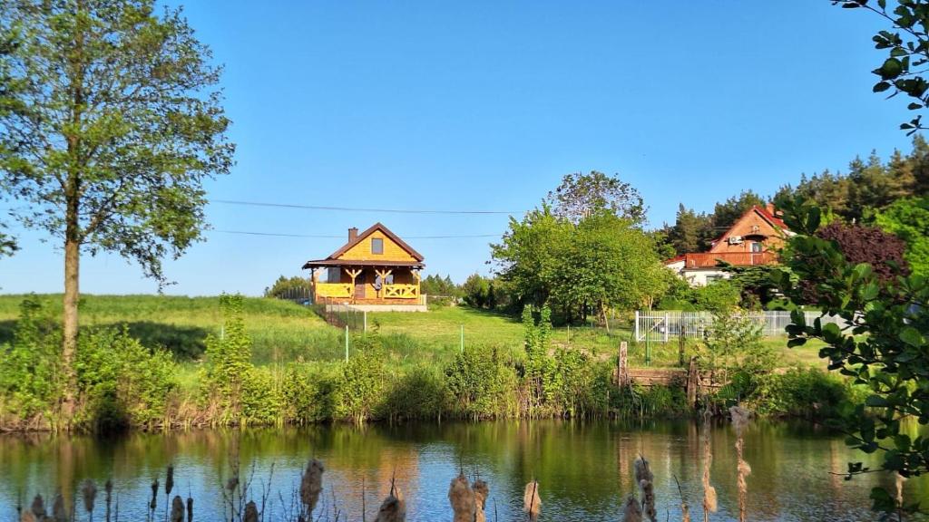 ŚwiekatowoDomek Nad Stawem Bory Tucholskie的湖畔山顶上的房子