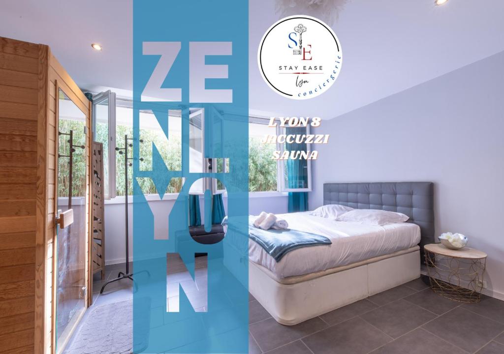 里昂Zen Lyon - Jacuzzi et Sauna - Lyon 8ème的一张带床的卧室的杂志图