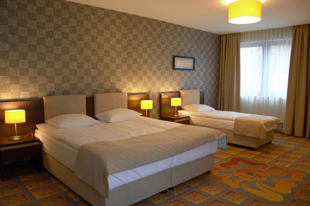 沃姆扎Hotel Via Baltica的酒店客房设有两张床和两盏灯。