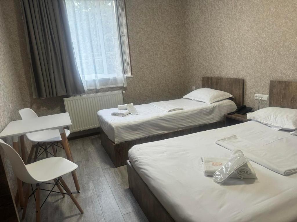 第比利斯Hotel Skib的酒店客房带两张床和一张桌子以及椅子。