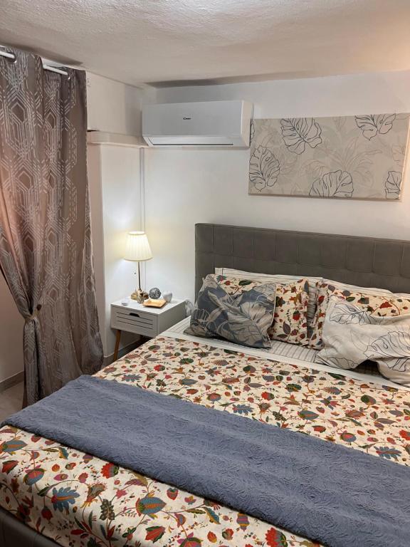 卡利亚里Casa Vacanze Manzoni 29的一间卧室配有一张带蓝色棉被的床
