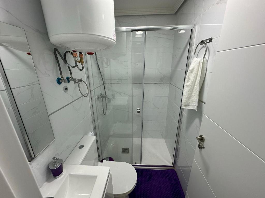 马德里Habitación doble o compartida con baño privado en el centro de Madrid的带淋浴、卫生间和盥洗盆的浴室