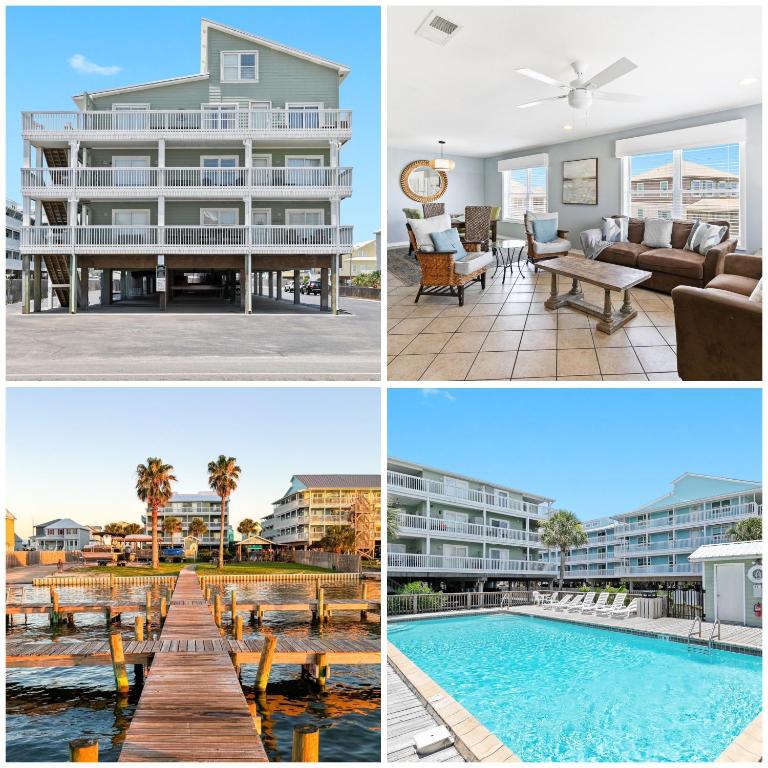 格尔夫海岸3BR Condo Gulf Views with Pool, Boat Launch and Dock的房屋和游泳池照片的拼合