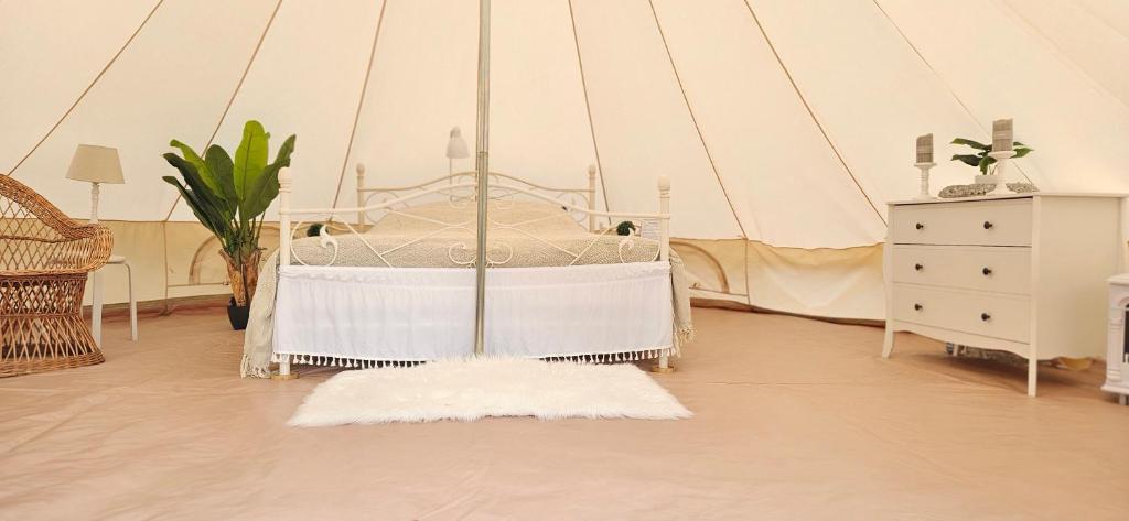 CarpinTipi Glamping Naturcamping in der Seenplatte inklusive Strom- Dixi-WC!!的帐篷内一间卧室,配有一张床