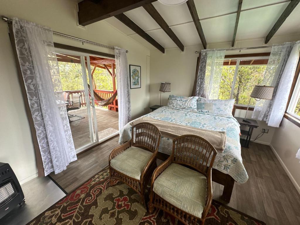 沃尔卡诺Volcano Eco Cabin & Eco Lodge的卧室配有一张床和一张桌子及椅子