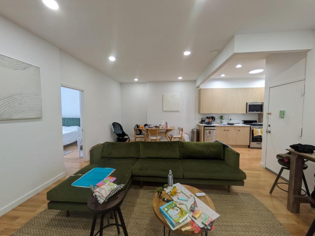 纽约51-1A Renovated 3br 2bath Prime soho的客厅配有绿色沙发和桌子