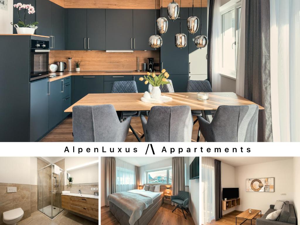 施利特尔斯AlpenLuxus' SIGIS Zillertalblick with 3 Bedrooms & Parking Space的厨房以及带桌椅的用餐室。