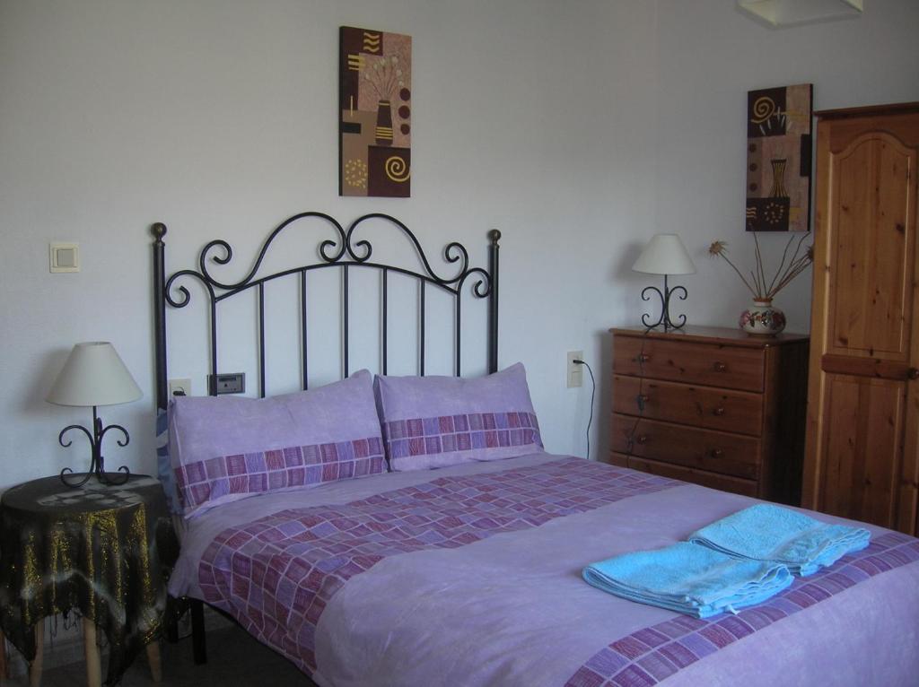 塞内斯德拉韦加卡萨加利亚度假屋的一间卧室配有一张带紫色床单的大床