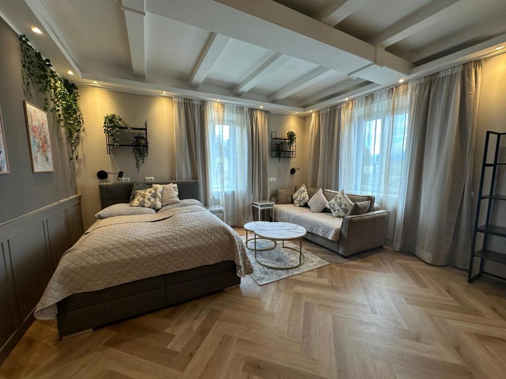 萨尔茨堡Book-A-Room Salzburg Apartment 33的一间卧室配有一张床和一张沙发