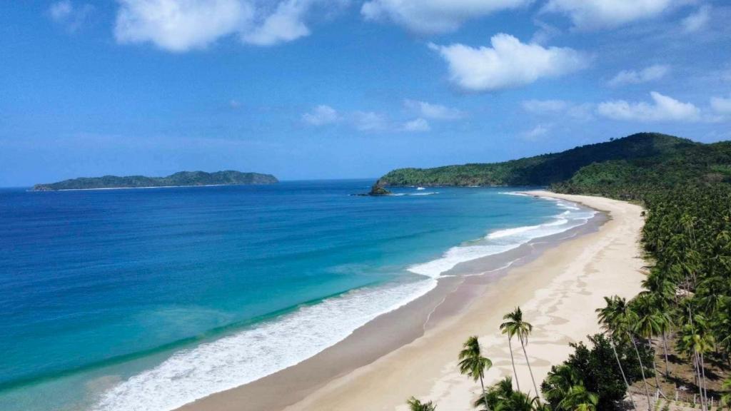 爱妮岛Eco Sanctuaries Nature Lodge Nacpan Beach, El Nido的享有棕榈树海滩和大海的景色