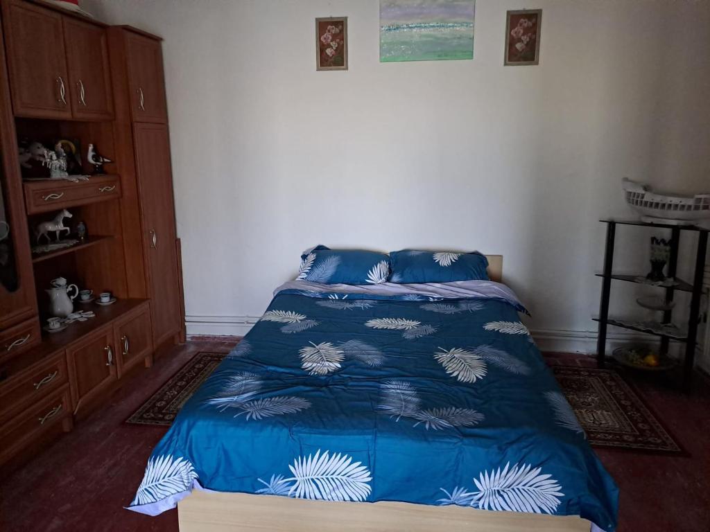茹里洛夫卡Casa antonyo的一间卧室配有一张带蓝色棉被的床