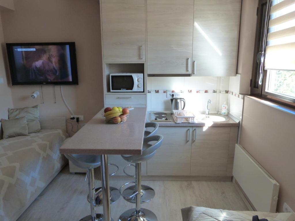 科帕奥尼克Apartments Sia的一间带桌子和微波炉的小厨房