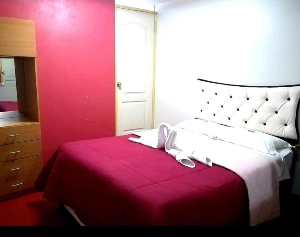 胡利亚卡WIRACOCHA Hostal的一间卧室设有一张红色墙壁的大床