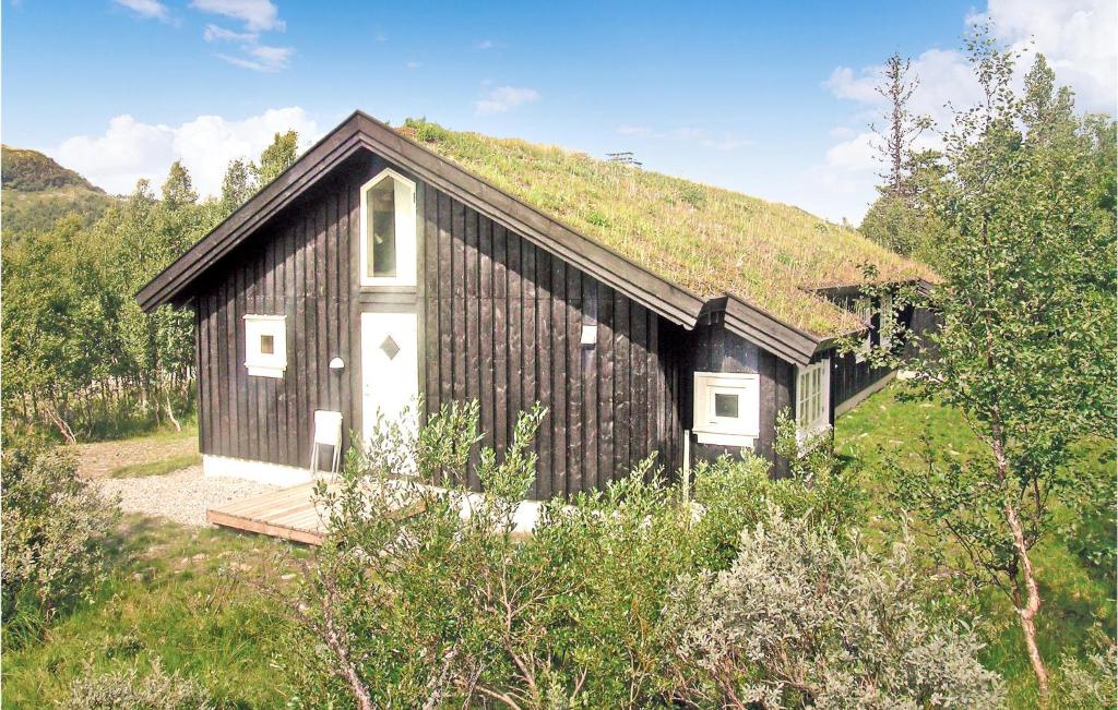 Cozy Home In Gålå With Kitchen的黑白的建筑,有草屋顶