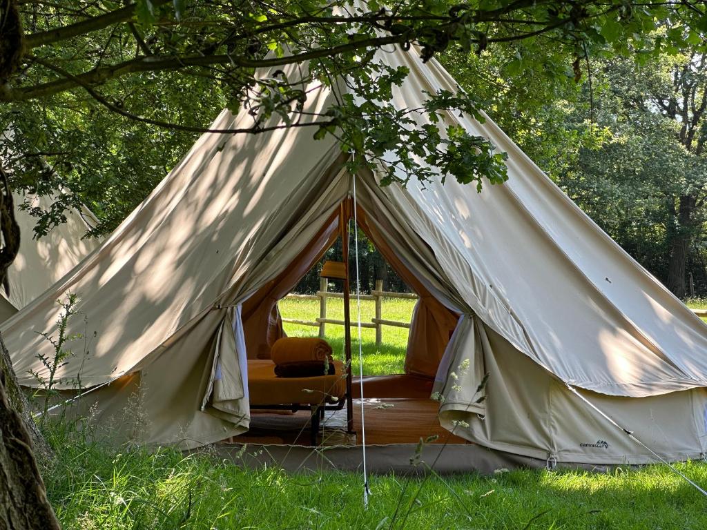 圣利法尔Grand tepee glamping pour 2的田野上带椅子的白色帐篷