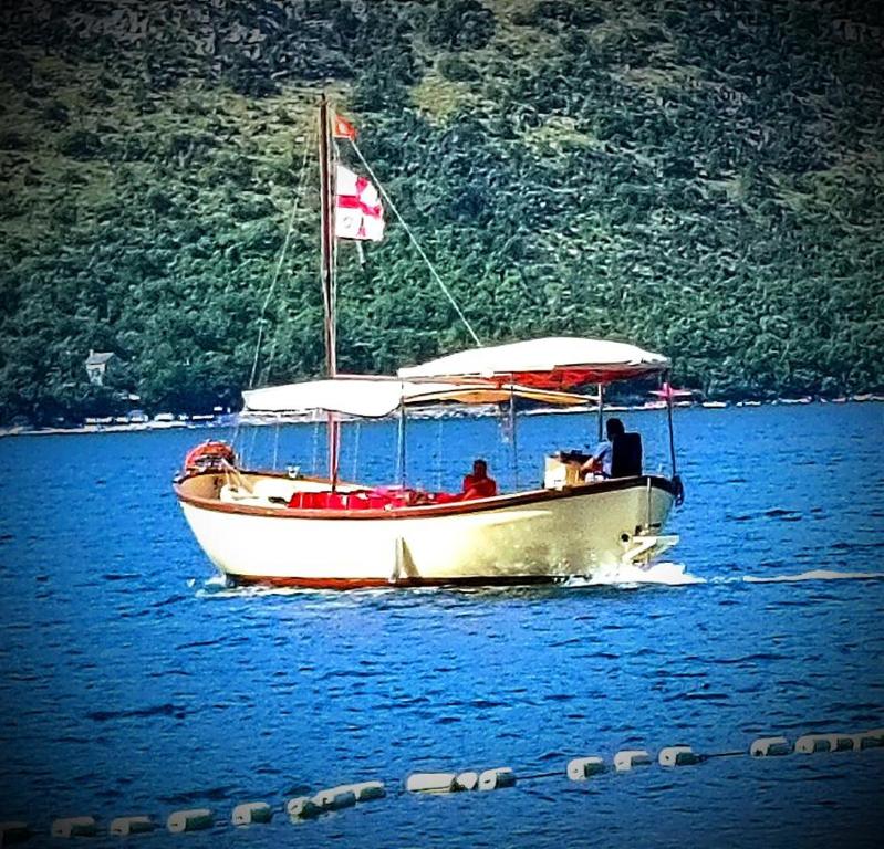 蒂瓦特Jadranka Boat的一艘白色的船,在水面上悬挂着吊旗