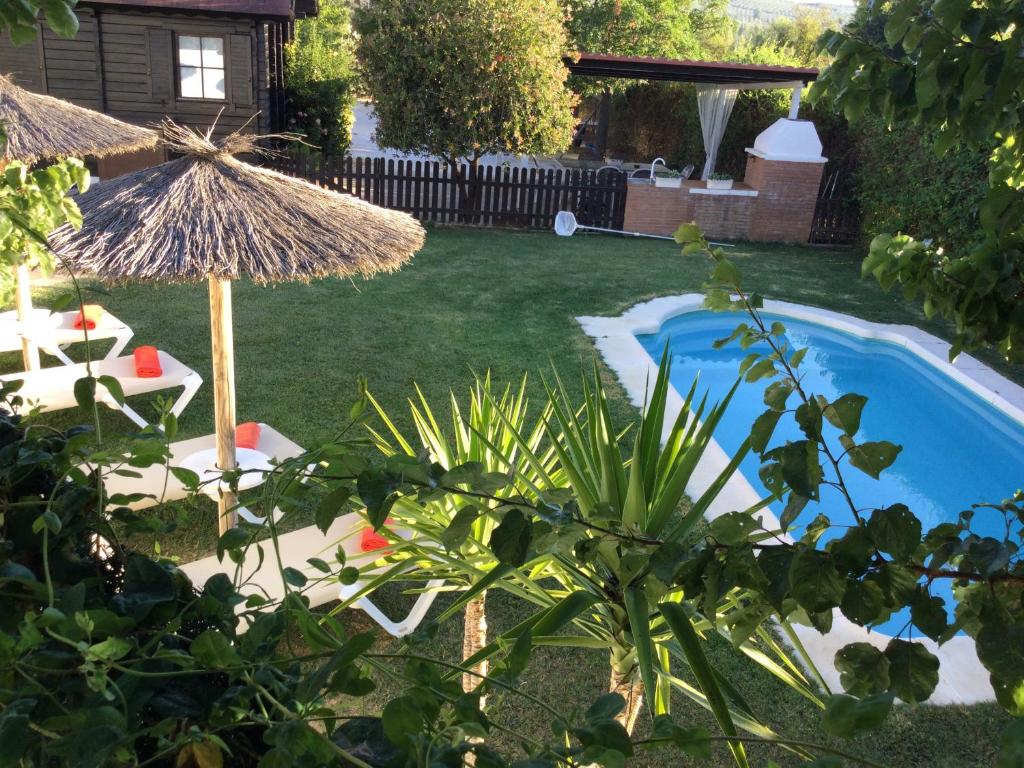 塞特尼尔Casa Rural Las Bodegas的后院设有带遮阳伞和椅子的游泳池