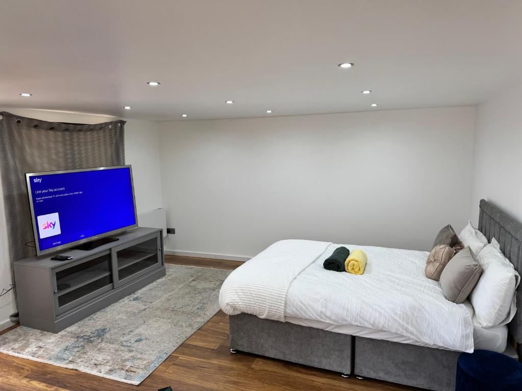特威克纳姆Twickenham Stadium Condo的一间卧室配有一张床和一台平面电视