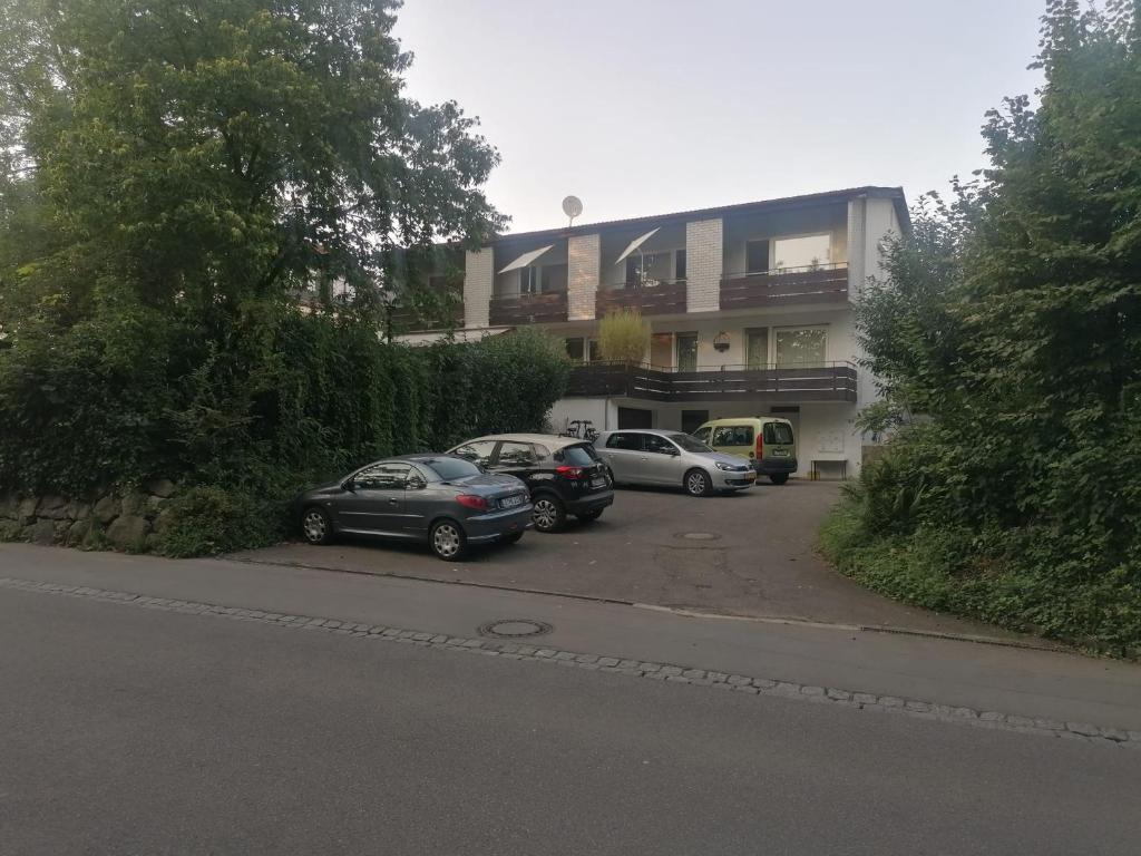 林道Claar Ferienwohnung Lindau Bodensee的停在大楼前的一组汽车