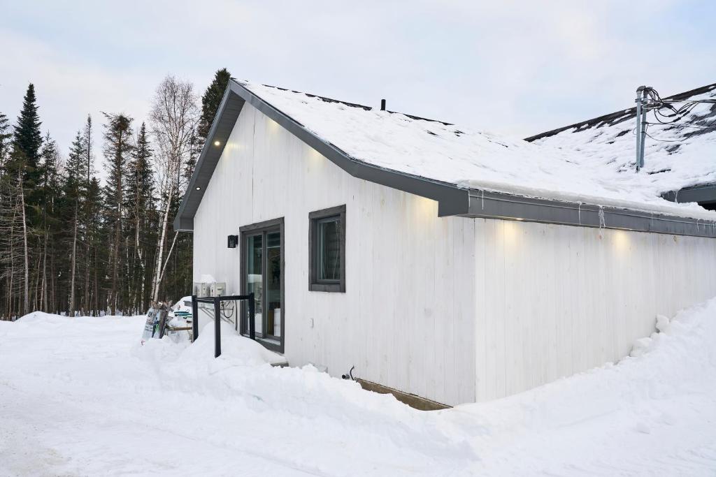 Notre-Dame-des-MontsHebergement du grenier 2 0的一座白色的小建筑,四周积雪