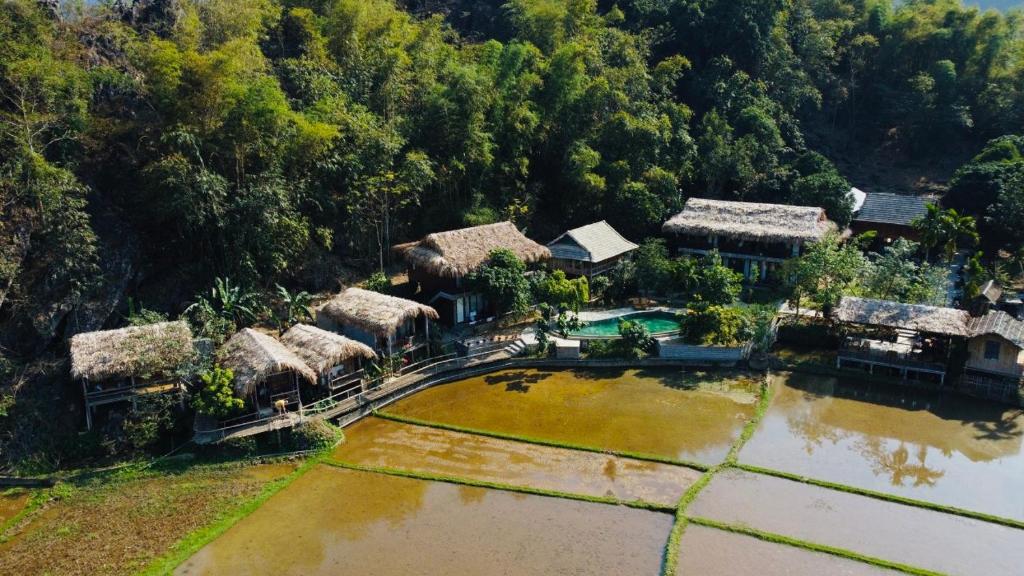 枚州县Little Mai Chau Home Stay的享有带游泳池和树木的房屋的空中景致