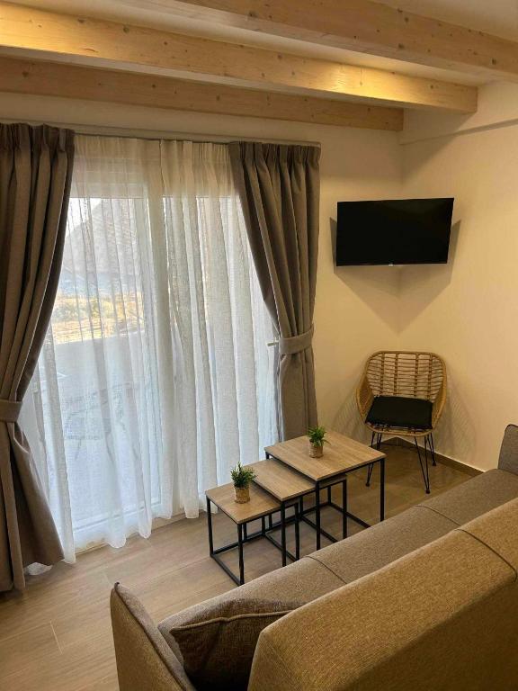 Agia Kiriaki BeachAperanto galazio的带沙发和大窗户的客厅