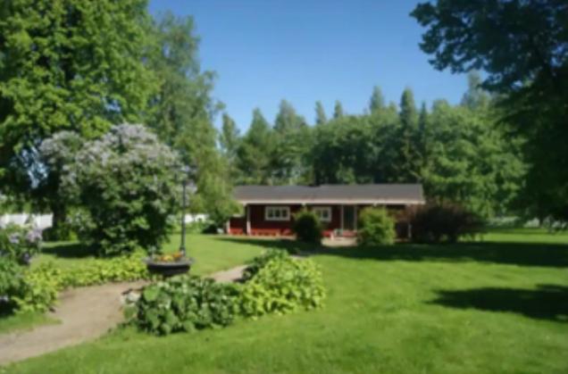 萨翁林纳Log house in Savonlinna的绿色庭院中间的房子