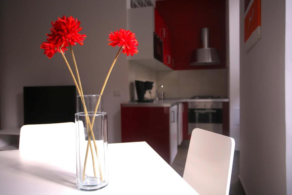 罗马罗马红色公寓的花瓶,花朵红色,坐在桌子上