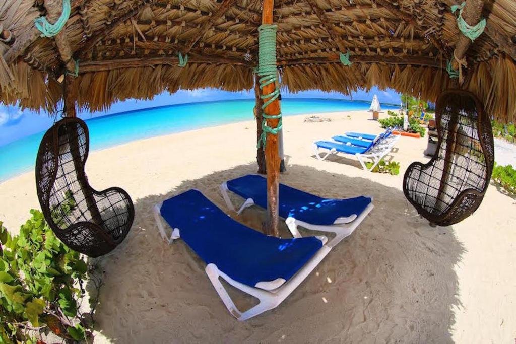Old BightRollezz Villas Beach Resort的海滩上一把稻草伞下的两把椅子