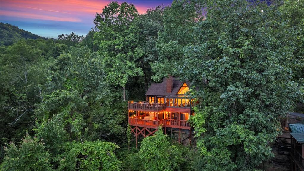加特林堡Family Chalet With Sauna, HotTub, Heavenly Views! Mins to Downtown!的树中间的房子