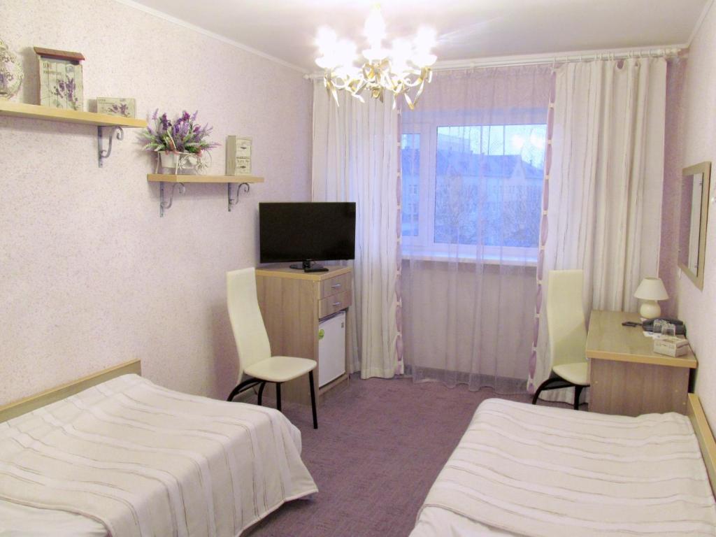 维捷布斯克Hotel Vetraz的一间卧室配有一张床、一张书桌和一台电视