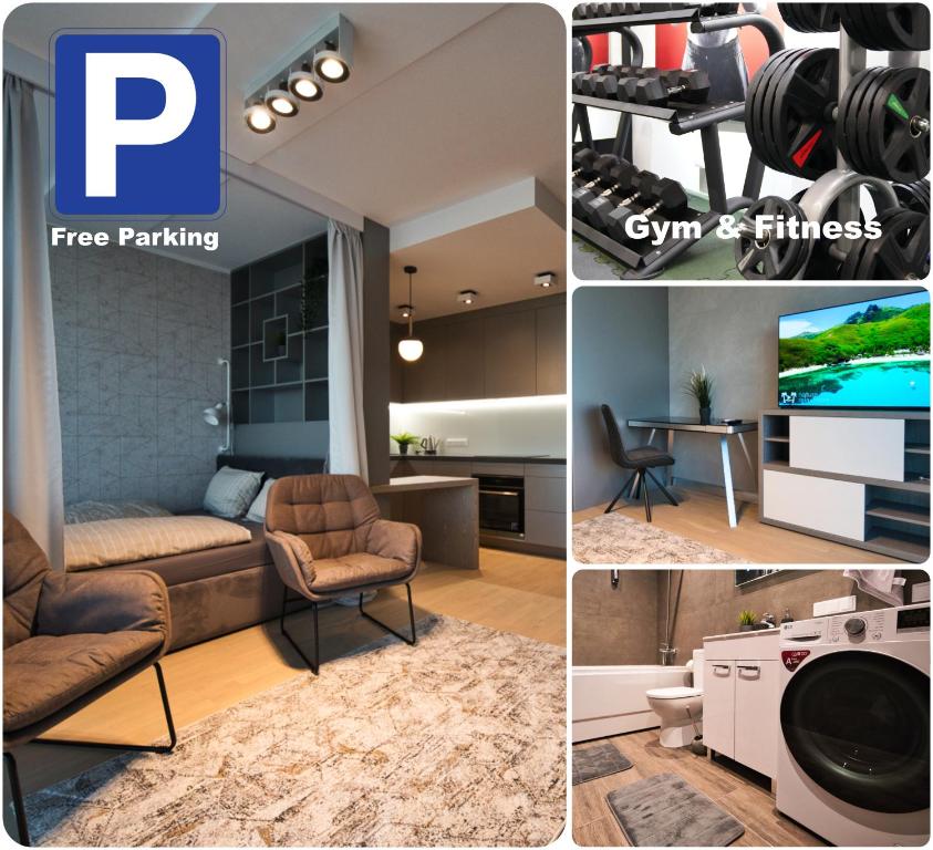 里加FITNESS, PARKING & Security, children's playground, Air conditioner, kitchen & washing machine, 4K OLED TV & HighSpeed WiFi, spacious balcony with gorgeous city view in CENTRAL location的客厅、健身房和健身室的照片拼凑而成