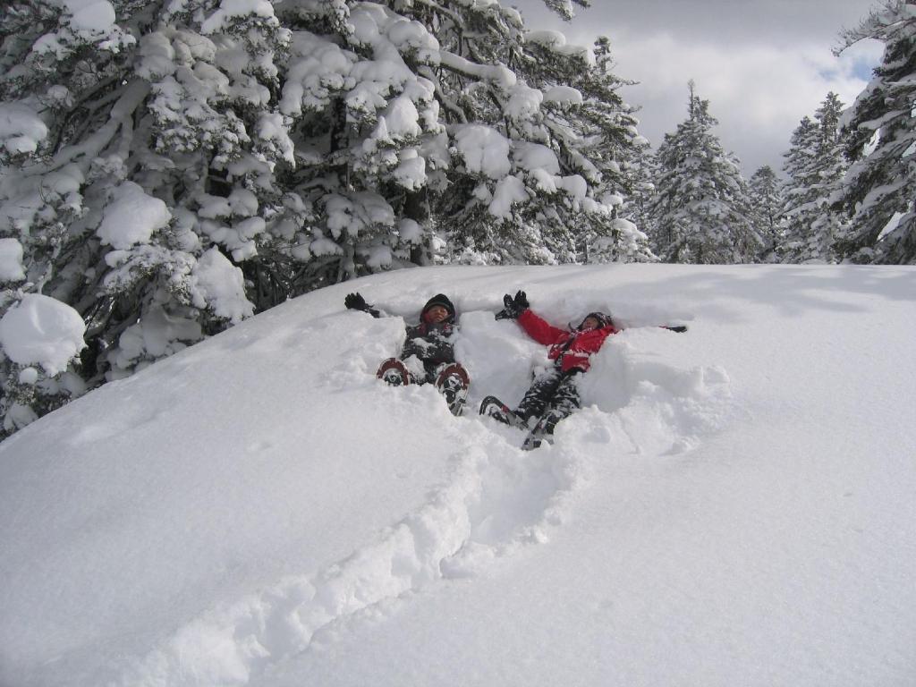 东川町旭岳汤元羽日式旅馆的两个人躺在一堆积雪里