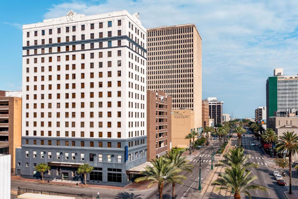 新奥尔良Hampton Inn & Suites New Orleans Canal St. French Quarter的拥有高楼和棕榈树的城市天际线